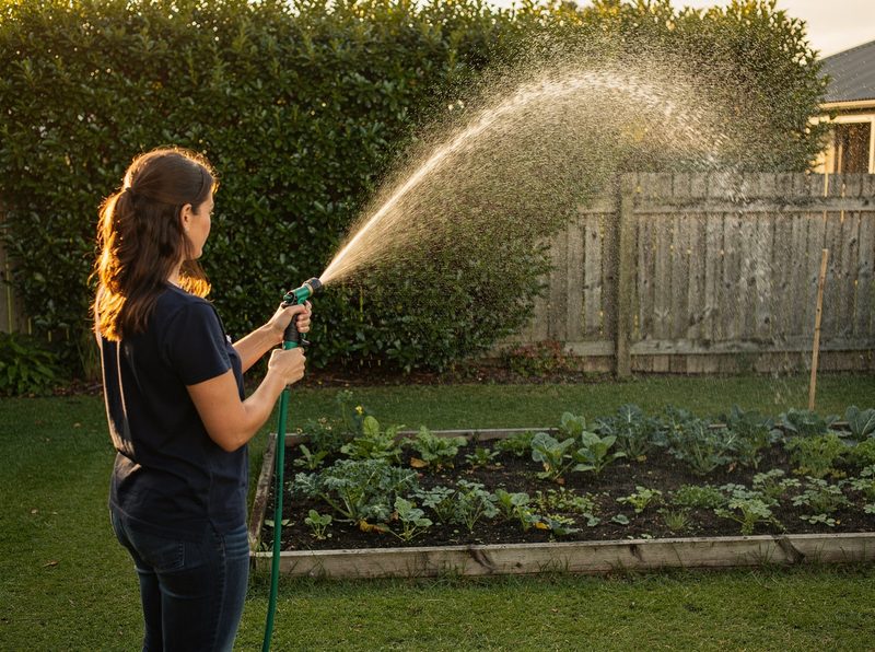 A woman watering a vegetable garden with a hose, the water arching from the nozzle onto the garden bed