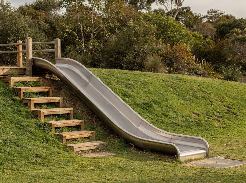 A stainless steel slide down a grassy bank beside timber steps, level at the top and at the bottom