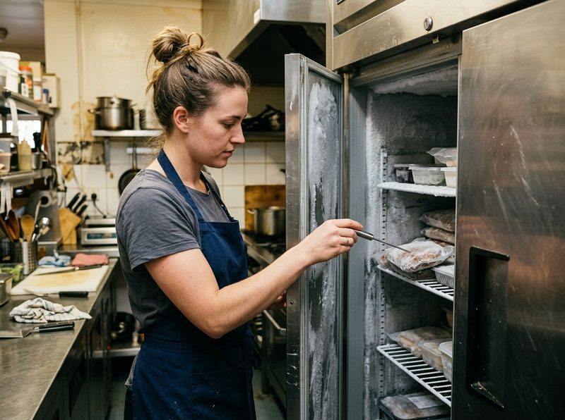 A cook in a café kitchen putting a metal probe thermometer into an open, frosty stainless-steel freezer