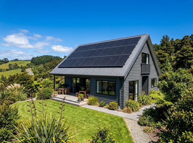 A grey weatherboard house with dark solar panels covering its corrugated iron roof, flax and tree ferns in the garden, on a clear sunny day