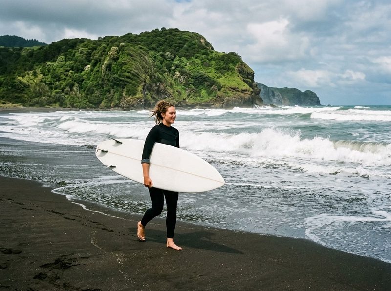 A surfer in a wetsuit carrying a white surfboard along a black-sand beach, with waves and a bush-covered headland behind her