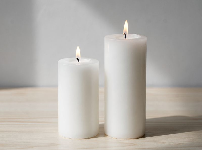 Two lit white candles, one taller than the other