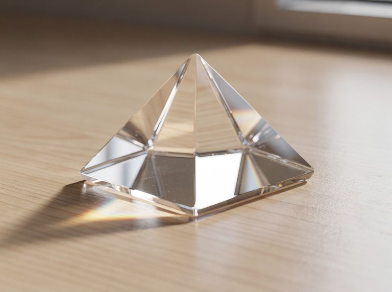 A clear glass square-based pyramid paperweight on a wooden desk