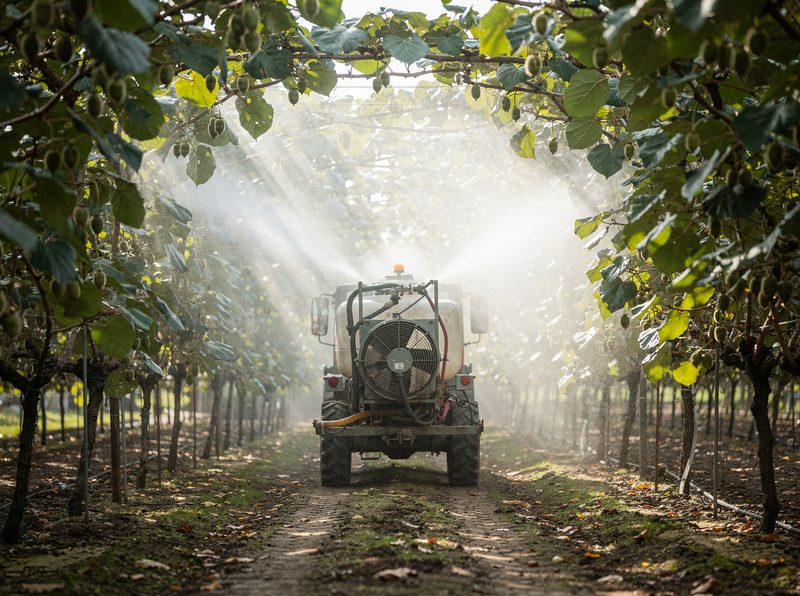 A tractor with an air-blast sprayer misting the canopy between two rows of kiwifruit vines