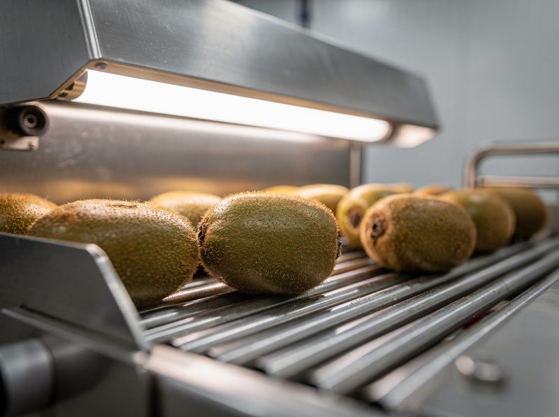 Kiwifruit on steel rollers passing under the lit stainless steel hood of a grading machine